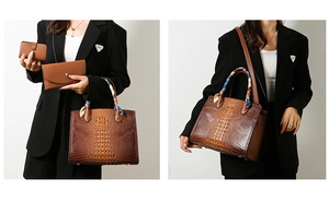 Juego de bolso tote marrón con estampado de cocodrilo, carteras y asas de pañuelo