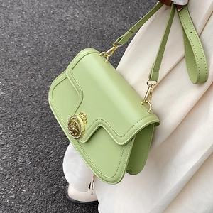 Minimalist light green crossbody bag featuring a golden crown metal buckle in close-up shot