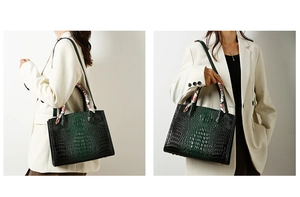 Detalle de bolso verde oscuro con textura de cocodrilo y pañuelo seda en el asa de mano