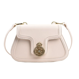 Beige faux leather crossbody bag with golden crown buckle and diamond accent in center