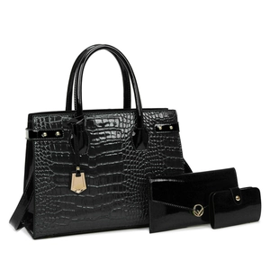 Vintage black crocodile pattern 3-piece bag set with tote, pouch and card holder