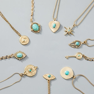 Böhmisches Goldhalsketten-Set mit Türkisanhängern in Herz-, Stern- und Augen-Designs