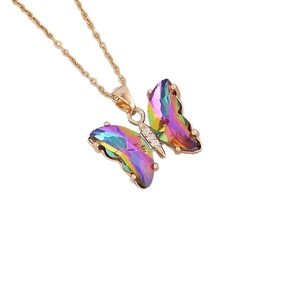 Rainbow butterfly pendant necklace with gradient gemstones and gold chain for women
