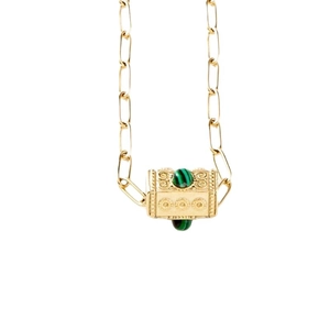 Pendentif rectangulaire en malachite rétro avec une chaîne trombone dorée chic