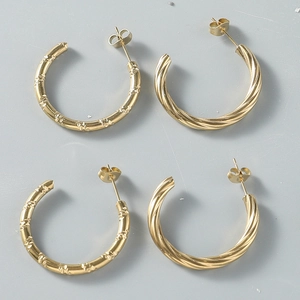 Golden twisted and textured geometric C-shaped hoop earrings set for women