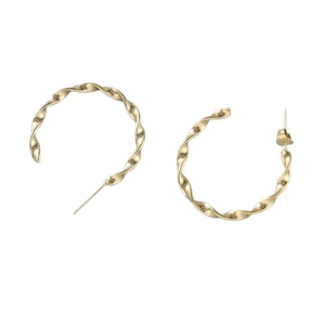 Minimalist twisted golden C-shape hoop earrings with a polished metallic finish