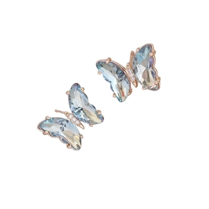 Elegant gradient blue butterfly stud earrings with rose gold base and zircon details