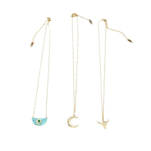 Three-piece gold titanium steel necklace set with turquoise, moon, and bull pendants