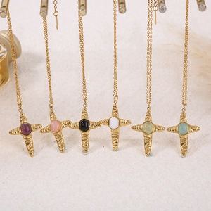 Cross necklaces with natural stones in six colors and gold hammered metal texture