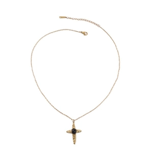 Vintage stainless steel cross necklace with hammered texture and black natural stone