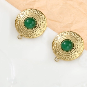 French retro 18K gold plated titanium steel round earrings with green natural stone