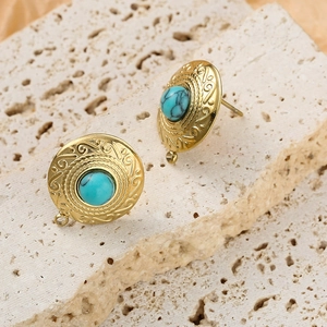 French vintage 18K gold plated earrings with turquoise stones and floral engravings