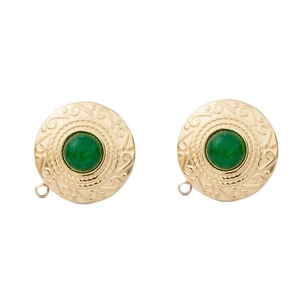 French vintage 18K gold plated disc earrings with green stone and embossed edges