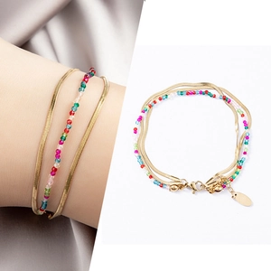 Ethnic style double-layer bracelet with colorful seed beads and golden snake chain