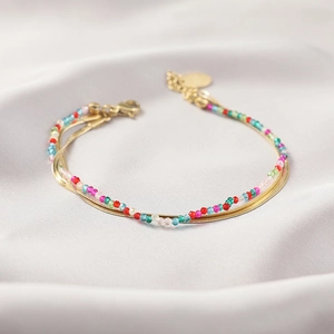 Ethnic double-layer beaded gold bracelet with colorful glass beads and snake chain