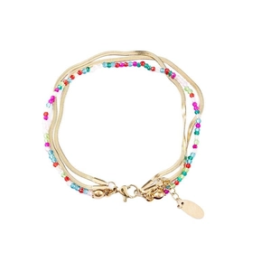 Multilayer bohemian bead bracelet with gold snake chains and colorful bead accents