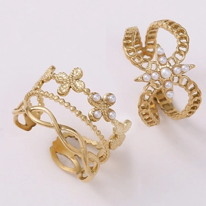 Gold titanium steel layered flower ring and starburst chain open ring set for women