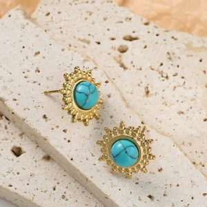 Boucles d'oreilles tournesol bohème en acier doré avec pierre turquoise et rayons de soleil