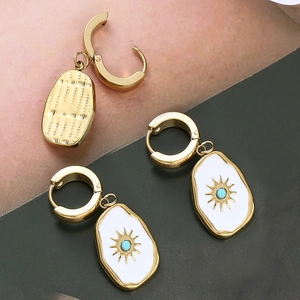 Unregelmäßige Sonnenblumen-Ohrhänger mit weißem Emaille und blauem Türkis-Inlay