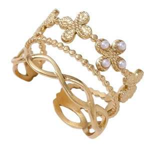 Multi-layer gold titanium steel ring featuring floral motifs and pearl accents for women