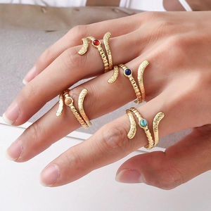 Adjustable gold snake-style stainless steel rings with colorful natural stone inlay