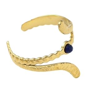 Adjustable golden snake-shaped titanium ring with hammered texture and blue stone