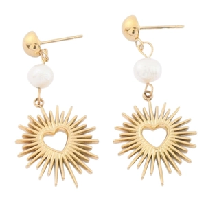 Golden heart drop earrings with white pearls and sunburst hollow design for women