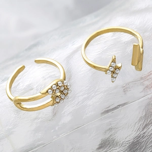 Lightning Bolt Artificial Pearl Adjustable Open Ring Stainless Steel Gold Plated French Chic Jewelry For Women Waterproof