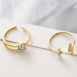 Elegant gold-plated lightning and pearl adjustable rings set with polished finish