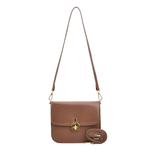 Classic brown leather crossbody shoulder bag with unique teardrop gold buckle closure