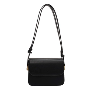 Minimalist black matte leather square crossbody bag with gold metal hardware and strap