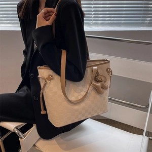 Large beige checkered PU leather tote bag for women with brown shoulder straps and charm
