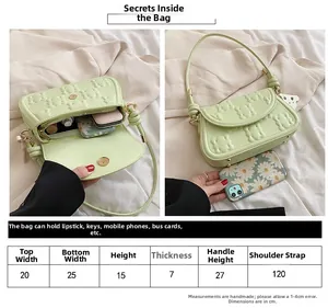 Size chart showing dimensions for the light green textured crossbody bag and its capacity