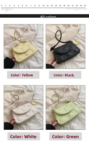 Detail view of four small quilted crossbody bags in yellow, black, white, and green colors