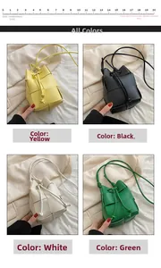 Detail view of mini woven bucket bags with drawstring in yellow black white and green