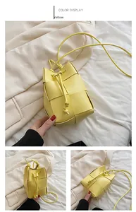 Detail views of yellow woven bucket bag with wide grid pattern and drawstring strap