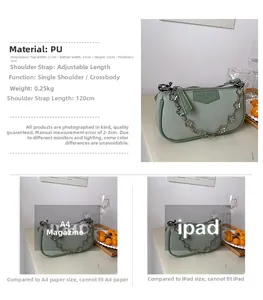 Vue détaillée du sac bandoulière en PU vert clair avec chaîne fleurie et dimensions