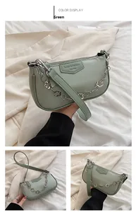 Détail d'un sac sous les aisselles en similicuir vert clair avec chaîne à fleurs ajourées
