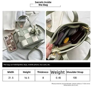 Détail du sac seau tressé montrant l'espace intérieur bicolore pour téléphone et maquillage