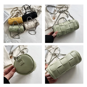 Detailed multi-color selection of woven cylindrical chain bags in soft pastel tones