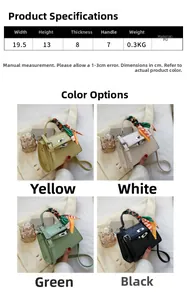Size specifications and four color variations of the embossed handbag with silk scarf