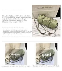 Detailed size specifications for light green cylinder bag with thick metal chain strap