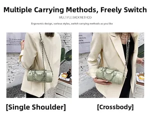 Green woven cylinder bag shown with adjustable silver chain strap for shoulder and crossbody use