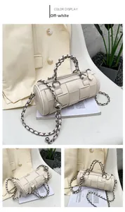 Three views showing a cream woven barrel bag with a chunky chain strap and metal charm