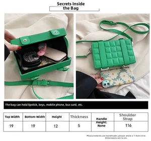 Detailed size chart and internal capacity view of this green checkered crossbody bag