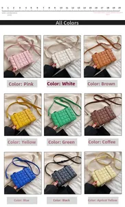 Matrix showing 9 color variants of quilted crossbody bags with adjustable straps