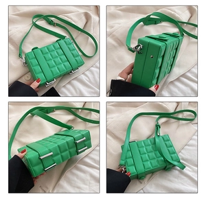 Detailed views of light green quilted PU leather small square crossbody bag from four angles