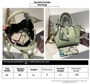 Tabella delle taglie e vista interna della borsa a secchiello in pelle verde chiaro