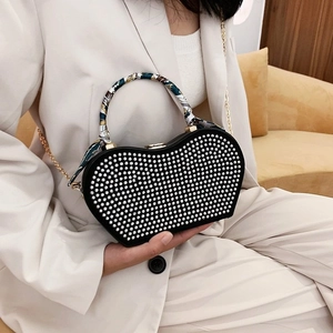 Heart Shaped Evening Bag Rhinestone PU Leather Crossbody Bag With Satin Scarf Handle Gold Chain Strap For Women Parties