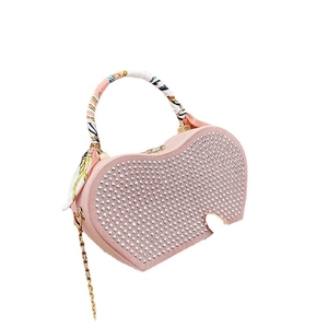 Sparkling pink heart-shaped clutch bag with rhinestones and silk scarf handle decor